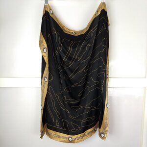 Anne Klein Rolled Hem Scarf Black Gold Abstract Pattern Lion Chain Lightweight